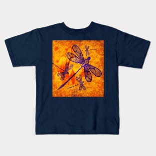 Navy-blue dragonflies on vivid orange Kids T-Shirt